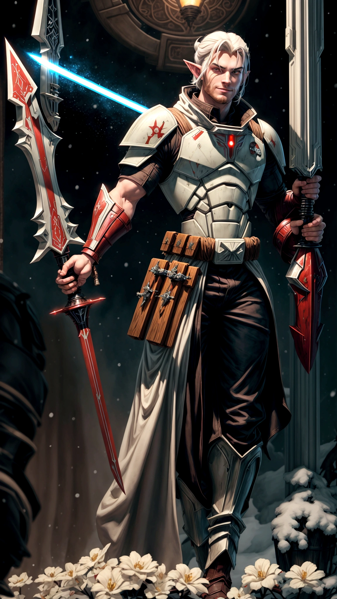 full body portrait, star wars clone wars art style, 3d shading, tall brawny muscular, pale white skin, snow elf, subtle grin, long scarlet red tied back hair, thick eyebrows and stubble, red eyes, holding his twohanded claymore greatsword the large green plasma blade, black half plate armor with a Pauldron and dark brown leather accents, bright space station background