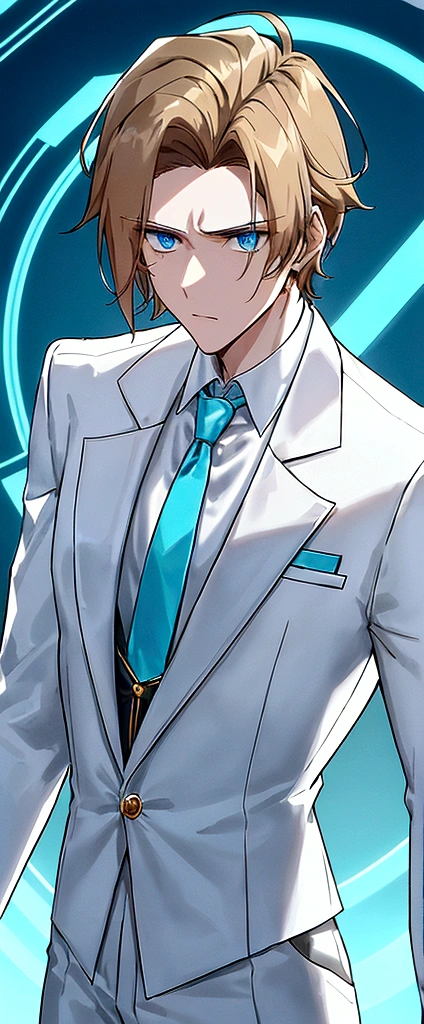 (masculine) (23 years) (a tall, slender young man with a muscular and toned body, His hair is light brown and is messy, covering his forehead., His eyes are blue and his skin is light-skinned..) (robotic body, fitted white suit with neon light blue details) (laboratory background) (with a button in the center of his chest, with circular shape)