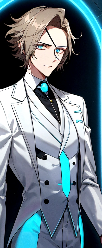 (masculine) (23 years) (a tall, slender young man with a muscular and toned body, His hair is light brown and is messy, covering his forehead., His eyes are blue and his skin is light-skinned..) (robotic body, fitted white suit with neon light blue details) (laboratory background) (with a button in the center of his chest, with circular shape)