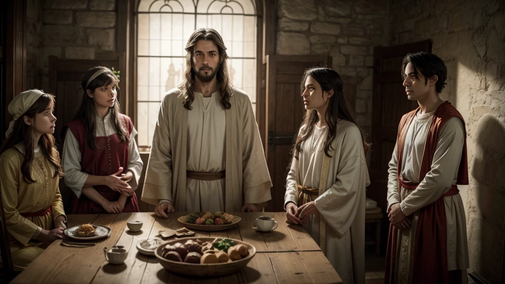 JesusChrist, In biblical period clothes, looking at people fasting