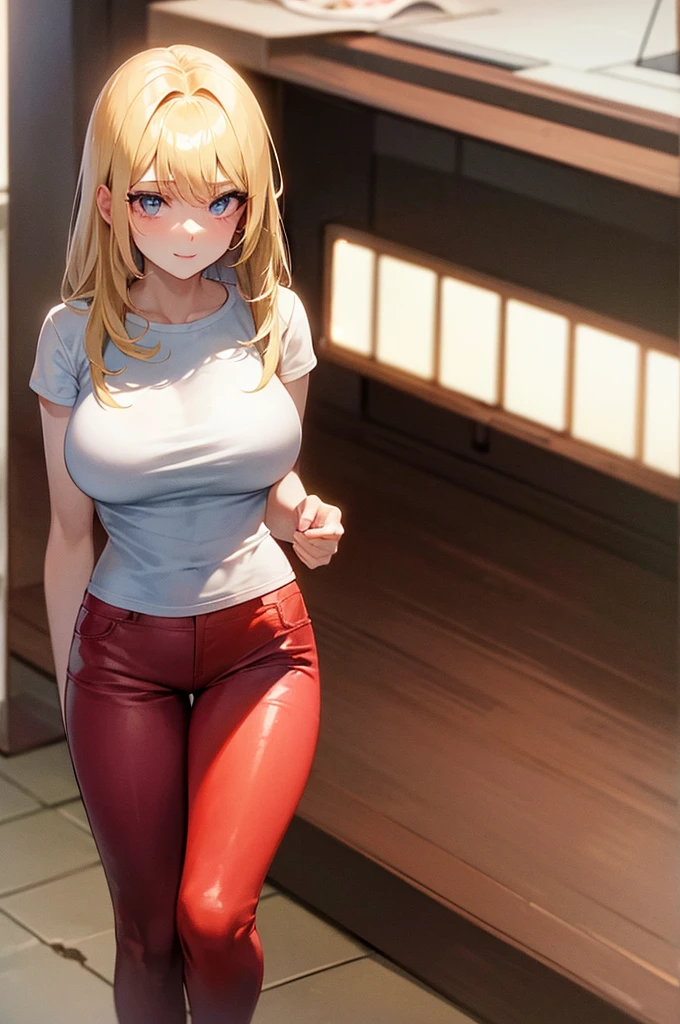 high quality 4k, maximum image sharpness. name zoe. 20 year old teenager, beautiful angelic face. red pupils. White skin color. height 1,70, retail physicist, large and firm breasts, Short blonde hair. Clothes, T-shirt at the height of the abdomen. tight red pants. body detail, straight and firm posture looking towards the camera. happy facial expression