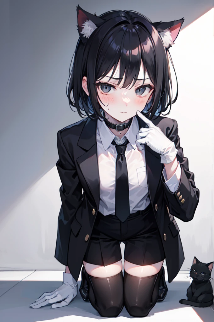 A 18-year-old boy, white and tender skin, cute, wearing white short-sleeved shirt, black jacket and black work tie, black trousers, black booties, white gloves, collar, black hair,wear cat ears, black eyes, thin waist, thin legs, handsome, disdainful and indifferent expression, shy, blush a lot, afraid, sweating, tired, pornography, Pornographic action，kneel down