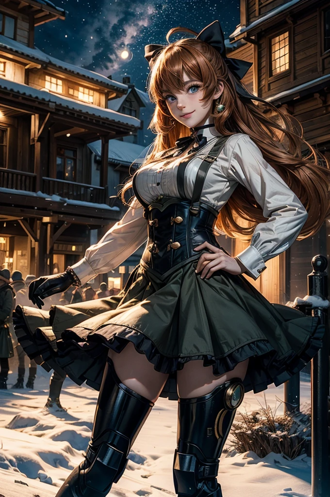 cowboy shot, (dynamic pose), smile,  underbust, Penny Polendina, long hair, neck ribbon, suspender skirt, corset, black bow, white blouse, mechanical legs, neon trim, standing, near ski lodge, BREAK night, stars, moon, snow, BREAK mountains in background, waterfall, crowd, ((crowd in military uniform)), bonfires (volumetric lighting), intricate details, tonemapping, sharp focus, hyper detailed


