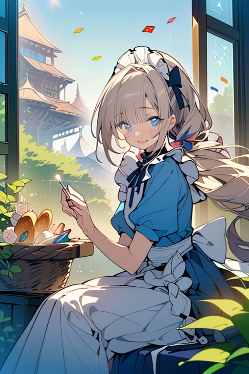 (perky chest:1.2), (pointed chest:1.2),(((Black Tunic:1.3))),(((cakes and bread in the basket),Cute and beautiful girl,Cute round face,Cute smile,with blush cheeks,Red Lip,a girl , nsfw:1.3, beautiful body:1.3), shinny skin, BREAK, ((alice in the wonderland:1.4, cute, kawaii, lovely, funny, a girl falling down from sky:1.4, the girl is flying in sky:1.2, girl floating in air:1.3, rolling upskirt by wind:1.5, (with sparkling eyes and a contagious smile),open mouth, Looking at Viewer, surprised, putting hands on crotch over the skirts:1.5)), BREAK, ((floating things as follows:1.3, PlayingCards, Trump, tea cup, tea pot, tea spoons, pocket watch:1.3, lip sticks, candies:1.2, cookies, jam bottles, classical door_keys)), ((long purply_Blue dress :1.5, wearing long flaired skirt:1.3, the skirt is blowing:1.3, cute White Apron, black stockingedium long platinum-blonde hair:1.2, twin tail hair:1.6, tied hair with a cute ribbon), (Blue eyes, bright pupils with highlights, detailed eyes), (lying down on your back:0.7, spreading legs with rising up straight:0.7), sexy posture, fantastic colorful art, (fantasy art:1.3, wondered images), ((correct anatomy:1.5, perfect anatomy:1.3, correct hand, )),