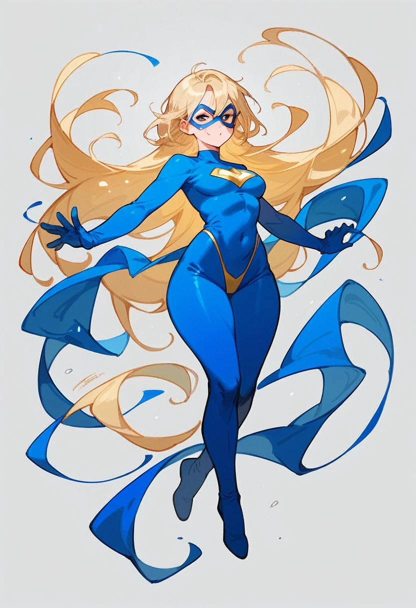 1girl, , , blonde hair,,domino mask,blue superhero clothes, thong, ,full body,breasts,wide hips,hourglass body