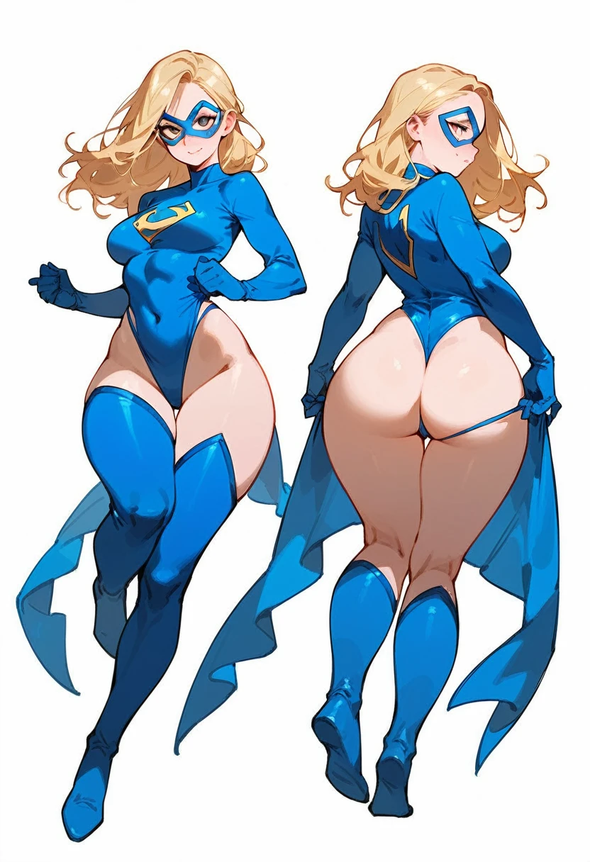 1girl, , , blonde hair,,domino mask,blue superhero clothes, thong, ,full body,breasts,wide hips,hourglass body