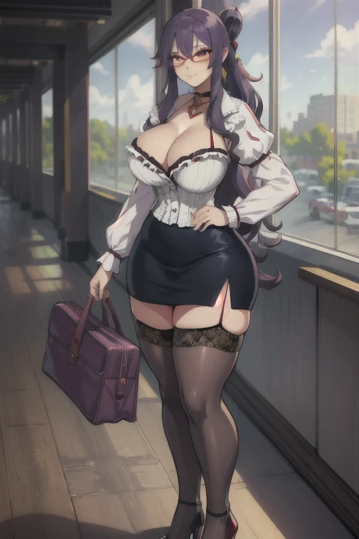 masterpiece, best quality, suzune, purple hair, red eyes, red glasses, white shirt, cleavage, lace trim, pencil skirt, garter straps, black thighhighs, high heels, from side, thick thighs, looking at viewer, smile, standing, school hallway