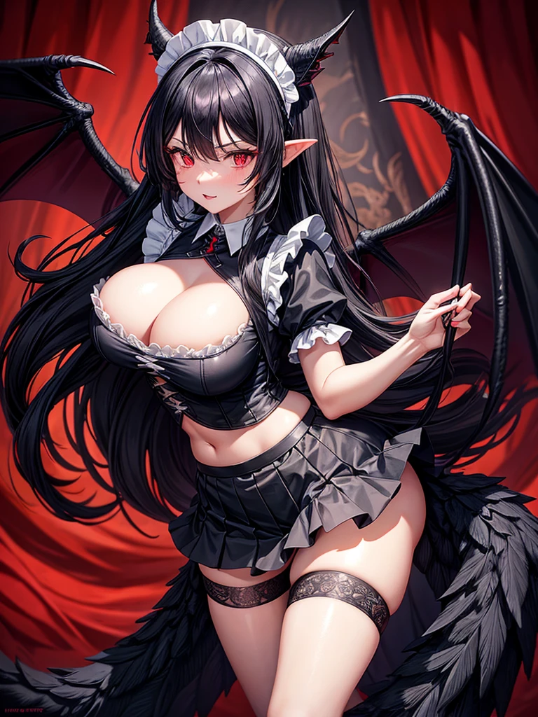 A black dragon woman maid, wears a maid outfit showing her panties over her skirt, has long black shaggy hair, has red eyes, has dragon horn, dragon wings and dragon tail, black background.A black dragon woman maid, wears a maid outfit showing her panties over her skirt, has long black shaggy hair, has red eyes, has dragon horn, dragon wings and dragon tail, black background.