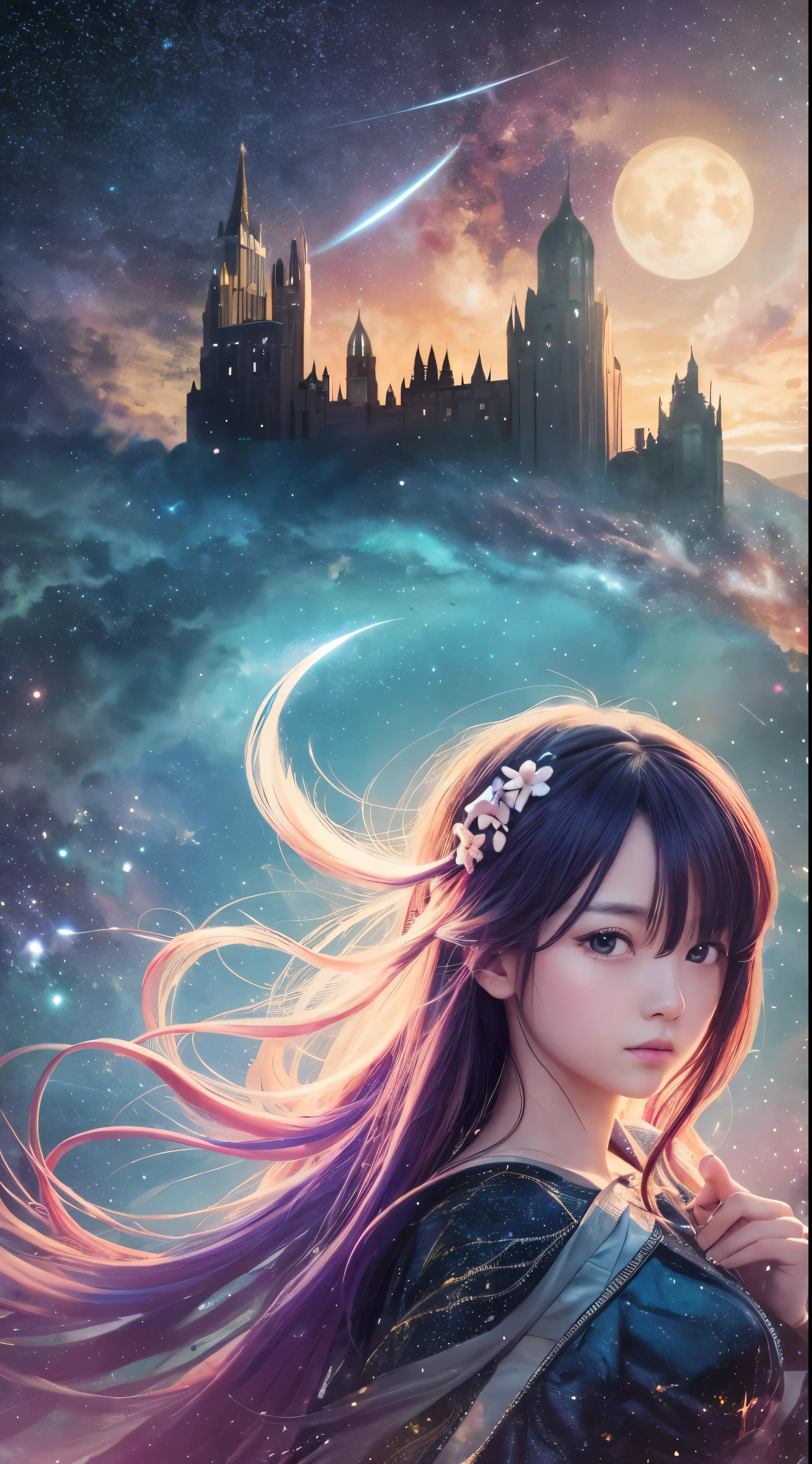 A highly condensed beauty dressed in a painting of stars and moons in the river and sky, concept art inspired by Tosa Mitsuoki, pixiv competition winner, best quality, fantasy art, beautiful anime scenes, a round of bright moon, starry sky environment in the moonlight, dream painting, anime background art, dream landscape art, fantastic night, anime background, background artwork, fantastic art, atmospheric anime, starry sky, detail enhancement.  