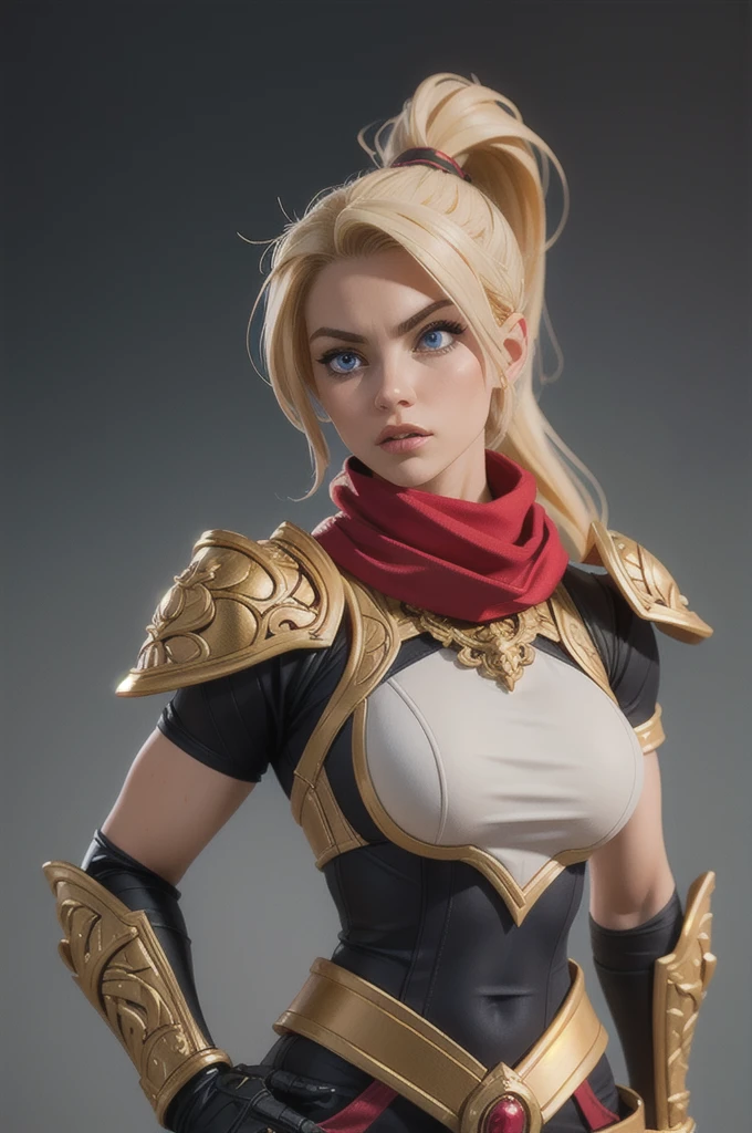 full body shot, colorful and aesthetic, masterpiece, best quality, dynamic angle, ultra high res, highly detailed skin, intricate details, 30 year old woman in ornate ranger armor, looking thoughtful, Anita Briem, athletic body, large blue eyes, voluminous blonde hair,(long ponytail:1.1), red and gold accents, red scarf, large shoulder pads, (detailed:1.05), (extremely detailed:1.06), sharp focus, (intricate:1.03), (extremely intricate:1.04), (beautiful face:1.1), [perfect eyes:0.8], [perfect skin:0.8], [detailed face:0.8], [detailed eyes:0.8], [detailed hair:0.9], [detailed lips:0.8], ray trace, cinematic lighting, depth of field, 