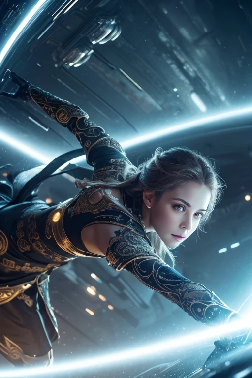 a girl flying through the sky on a futuristic mechanical magic broom, one white cat accompanies her, beautiful detailed eyes, beautiful detailed lips, extremely detailed eyes and face, long eyelashes, intricate sci-fi machinery, glowing energy effects, dynamic motion blur, cinematic lighting, vivid colors, dramatic angles, ultra-detailed, (best quality,4k,8k,highres,masterpiece:1.2),ultra-detailed,(realistic,photorealistic,photo-realistic:1.37),cinematic composition,dramatic lighting,intricate details,science fiction,fantasy