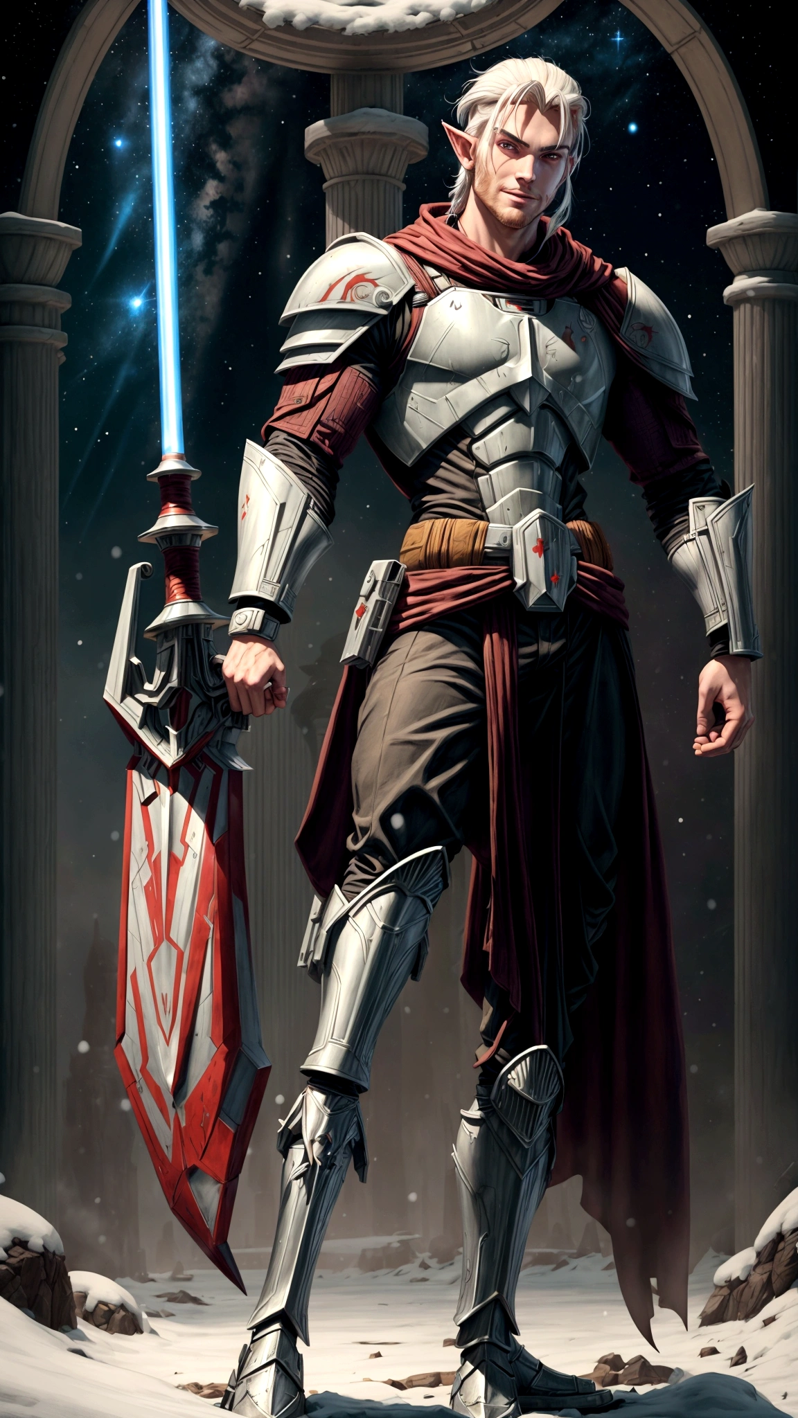 full body portrait, star wars clone wars art style, 3d shading, tall brawny muscular, pale white skin, snow elf, subtle grin, (long scarlet red tied back hair:1), thick eyebrows and stubble, red eyes, holding his twohanded claymore greatsword the large green plasma blade, black half plate armor with a Pauldron and dark brown leather accents, bright space station background