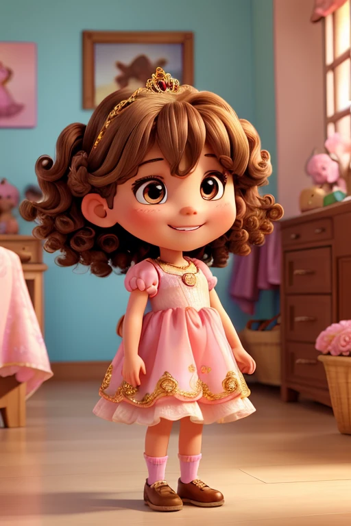 2 year old baby , Caucasian skin, short ear length hair, light brown with golden shine, , fluttering, with volume and lots of curls, curly hair, eyes browns, sweet and confident look, a big sweet smile, glad, courageous, dressed in a beautiful blue and pink dress and a princess crown with pink stones, looking straight ahead, a beautiful princess shoe. ,Grinning, glad, 4K, clear. High definition