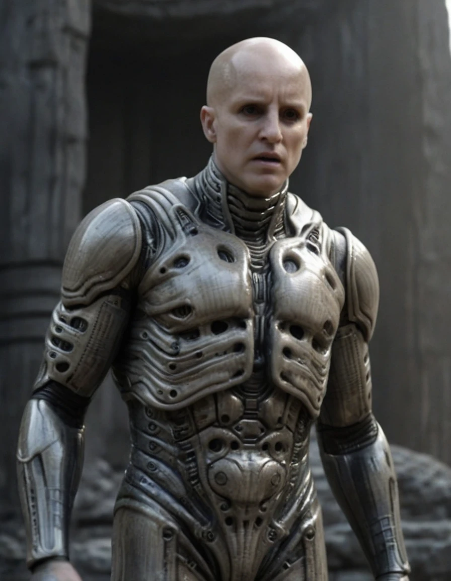 Engineer1024, cinematic movie still of the Prometheus movie by Ridley Scott, a bald pale semi-alien male with dark black eyes, ivory bio-metallic-bone armor inspired by H. R. Giger, extremely detailed pale skin with visible respiratory pores, in a dynamic pose, angry expression,
extremely high quality RAW photograph, exquisite details and textures, highly detailed, ultra detailed photograph, dramatic cinematic lighting, 4k,
highest resolution, (bokeh:1.3), (best quality, masterpiece:1.3), ultra high res, 16k unity wallpaper, intricate details, highest detailed, sharp focus, extreme shadow-play, low key, backlit, (filmgrain:1.3)
dramatic full body shot, wide angle view
ancient ruins of an otherworldly alien planet , dusty atmospheric haze, mesmerizing fog, dark pastel colors