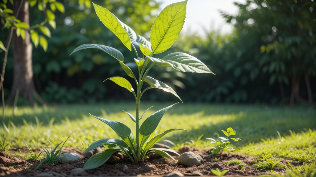 "Growing Plant": Young plant growing rapidly, vibrant green leaves reaching upward, sunlight streaming through leaves, time-lapse effect, natural background with bokeh effect