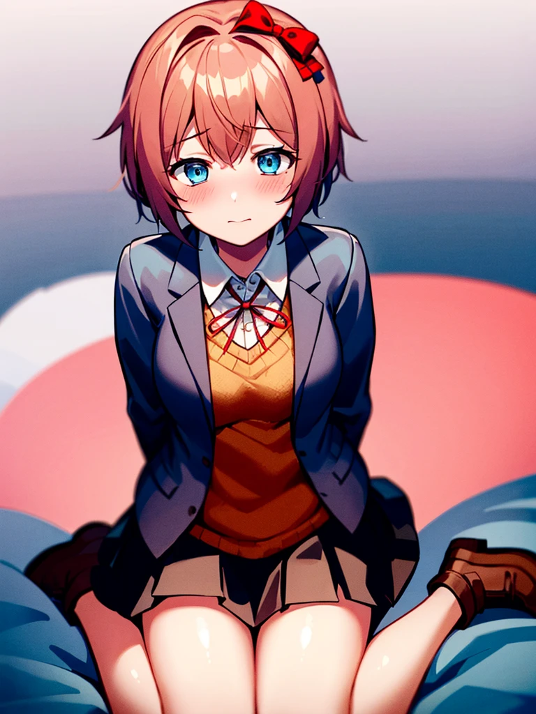 one girl, Sayori, DDLC, Doki Doki Literature Club, clumsy girl, light blue eyes, shy, blush, school blazer, skirt, wariza, from above