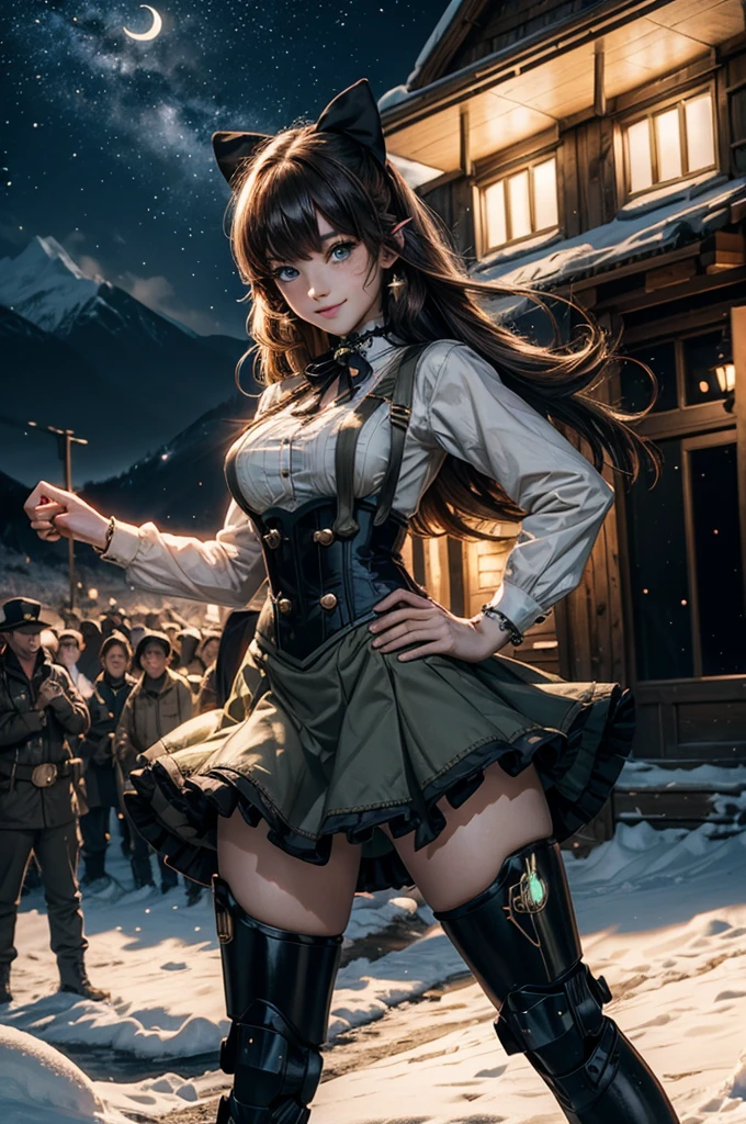 cowboy shot, (dynamic pose), smile,  underbust, Penny Polendina, long hair, neck ribbon, suspender skirt, corset, black bow, white blouse, mechanical legs, neon trim, standing, near ski lodge, BREAK night, stars, moon, snow, BREAK mountains in background, waterfall, crowd, ((crowd in military uniform)), bonfires (volumetric lighting), intricate details, tonemapping, sharp focus, hyper detailed


