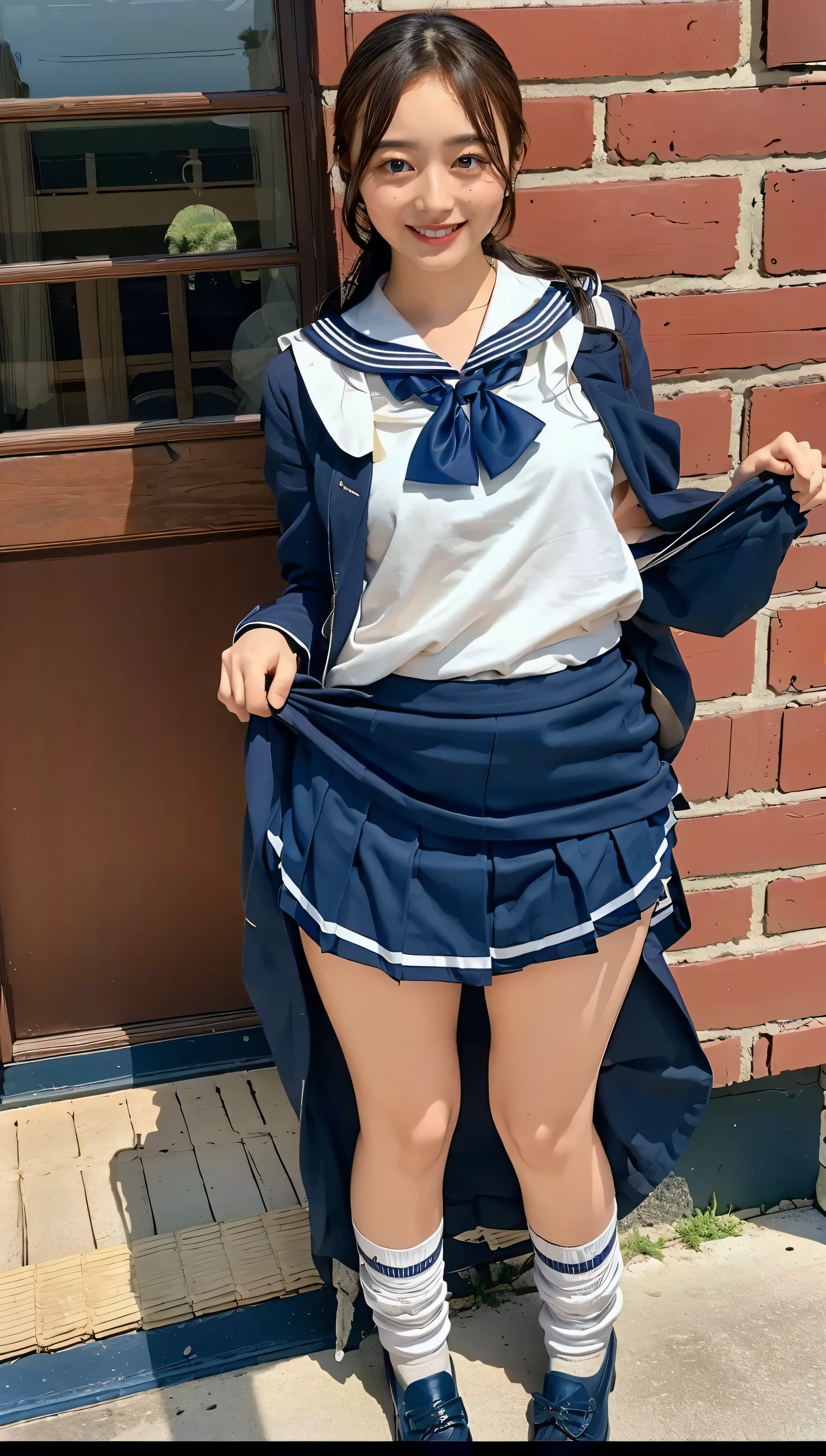 ((highest quality、8k、masterpiece:1.3)),((((fullbody shot)))),Ultra-high resolution,big eyes,Japanese,bangs,(a girl),(1 girl),((20 years old)),((facing at viewer)),(long hair),(((black sailor uniform))),grin,((standing)),((skirt lift))