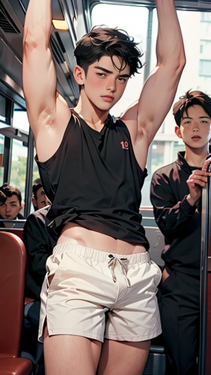 grasp、、((19-year-old short-haired boy)) in tank top grabs butt on bus、Raising arms to show armpits、shortpants、Fat uncle touching boy's ass１a person、Grabbing the buttockolesting、Touching your buttocks on the bus、red blush、