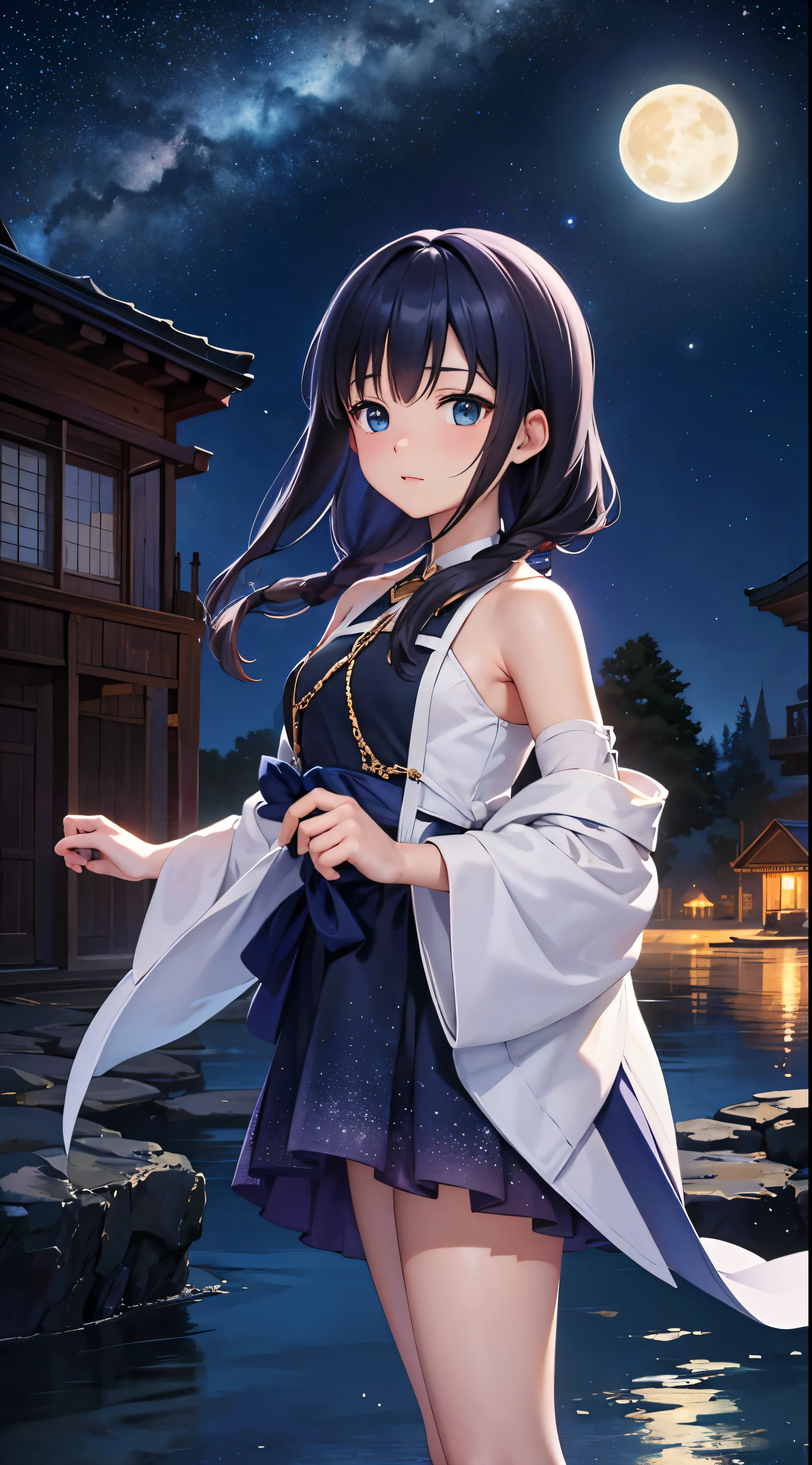A highly condensed beauty dressed in a painting of stars and moons in the river and sky, concept art inspired by Tosa Mitsuoki, pixiv competition winner, best quality, fantasy art, beautiful anime scenes, a round of bright moon, starry sky environment in the moonlight, dream painting, anime background art, dream landscape art, fantastic night, anime background, background artwork, fantastic art, atmospheric anime, starry sky, detail enhancement.  