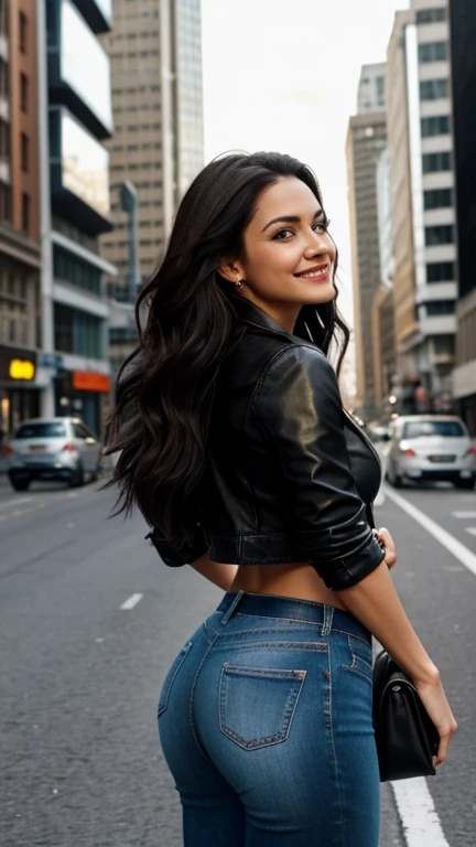 ,An ultra realistic and detailed scene of a 35 year old mature woman with a beautiful hyper detailed face, beautiful smiling, perfekt teeth, huge beautiful breasts, skin fair, dark brown eyes and abundant black hair, wearing bright light lipstick with abundant and huge hips, very large buttocks, with woman,,,,,,,,,,,,,,,,,in a modern urban environment. She is standing on a busy city avenue, surrounded by tall, bright buildings. She is wearing a black leather jacket over a white t-shirt., ripped jeans and black leather boots. The woman is in profile, looking off into distance, while the wind gently blows through your hair. In one hand she holds a cell phone and in the other, com um lindo