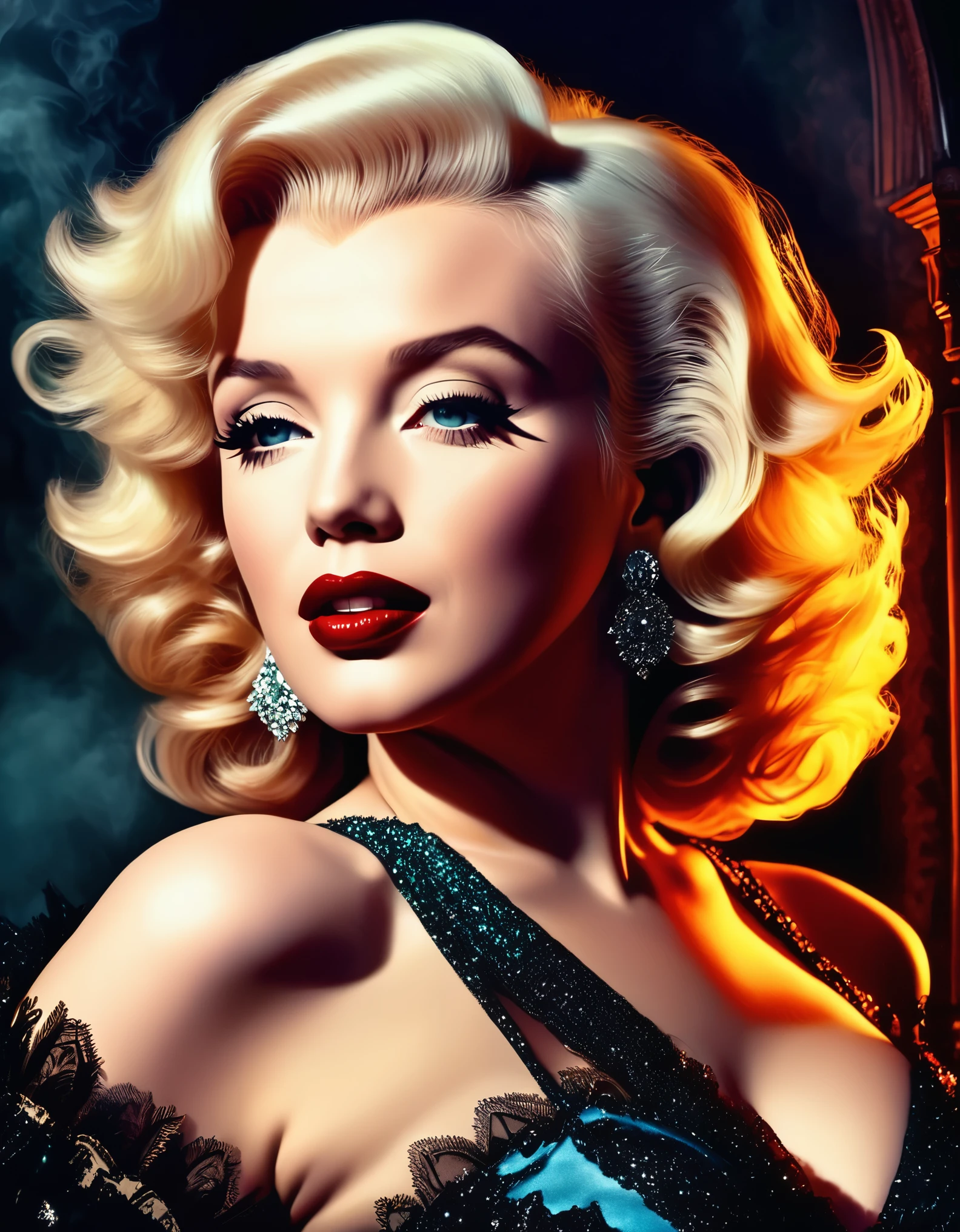 Marilyn Monroe in a gothic romantic style, with dark, moody tones, dramatic lighting, and an air of mystery and drama. Hyper-realistic photo, vibrant colors, 16k