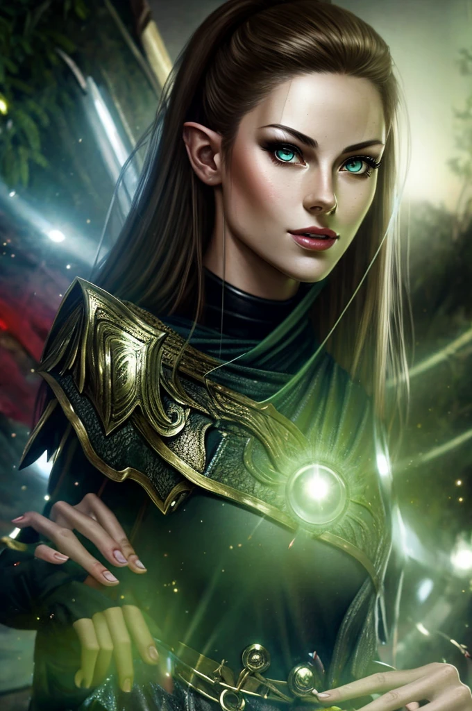 (beautiful detailed eyes, beautiful detailed lips, extremely detailed eyes and face, longeyelashes), (1 beautiful evil middle aged elf woman with green ponytail), (glowing green eyes), (wearing green satin button blouse), (placing her hands on a crystal ball), (on an old wooden table), (best quality, 4k, 8k, highres, masterpiece:1.2), (ultra-detailed, realistic, photorealistic, photo-realistic:1.37), (concept art, fantasy art)