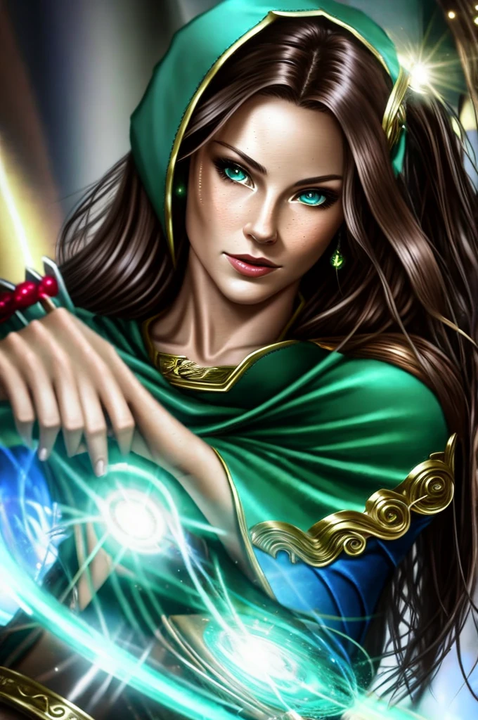 (beautiful detailed eyes, beautiful detailed lips, extremely detailed eyes and face, longeyelashes), (1 beautiful evil middle aged elf woman with green ponytail), (glowing green eyes), (wearing green satin button blouse), (placing her hands on a crystal ball), (on an old wooden table), (best quality, 4k, 8k, highres, masterpiece:1.2), (ultra-detailed, realistic, photorealistic, photo-realistic:1.37), (concept art, fantasy art)