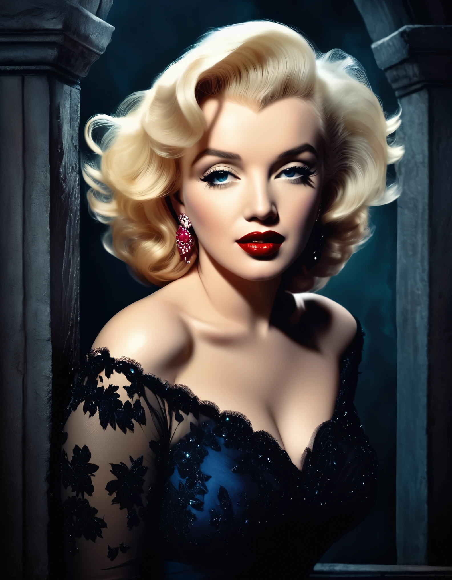 Marilyn Monroe in a gothic romantic style, with dark, moody tones, dramatic lighting, and an air of mystery and drama. Hyper-realistic photo, vibrant colors, 16k