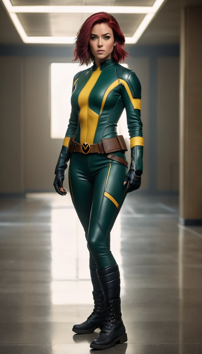 ((Full body photo, standing, feet on the ground))rogue, young female, x-men, (((full body visible) )), looking at viewer, portrait, photography, detailed skin, realistic, photo-realistic, 8k, highly detailed, full length frame, High detail RAW color art, piercing, diffused soft lighting, shallow depth of field, sharp focus, hyperrealism, cinematic lighting