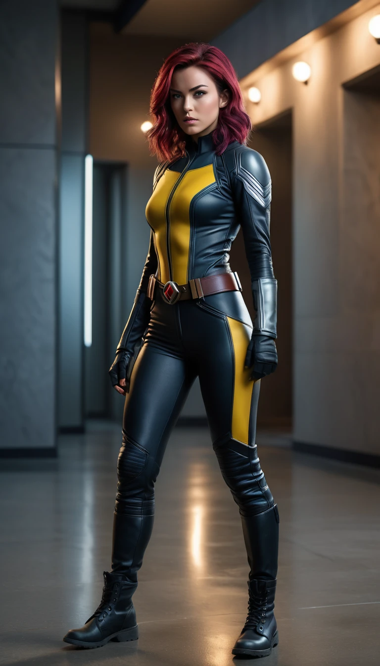 ((Full body photo, standing, feet on the ground))rogue, young female, x-men, (((full body visible) )), looking at viewer, portrait, photography, detailed skin, realistic, photo-realistic, 8k, highly detailed, full length frame, High detail RAW color art, piercing, diffused soft lighting, shallow depth of field, sharp focus, hyperrealism, cinematic lighting