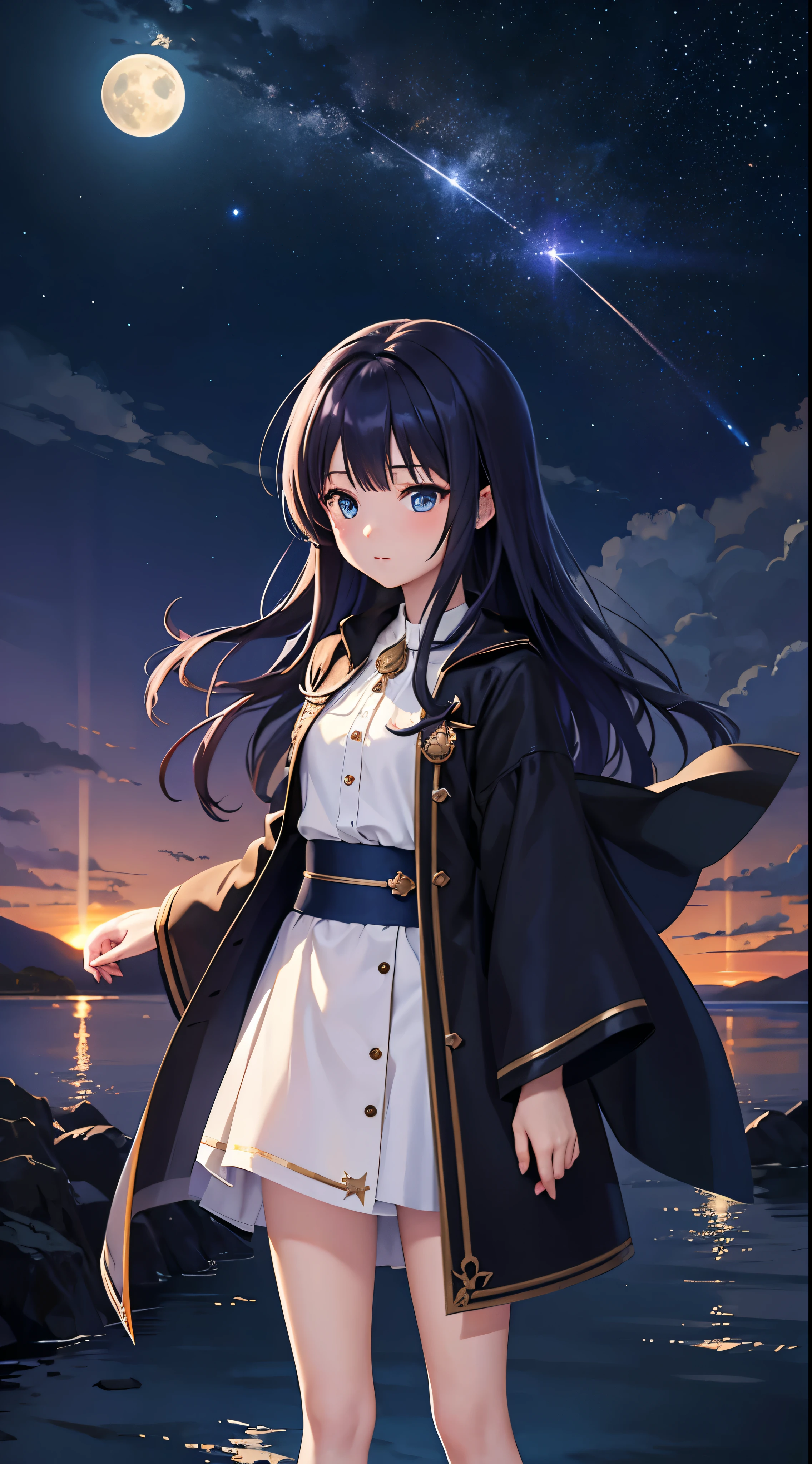 A highly condensed beauty dressed in a painting of stars and moons in the river and sky, concept art inspired by Tosa Mitsuoki, pixiv competition winner, best quality, fantasy art, beautiful anime scenes, a round of bright moon, starry sky environment in the moonlight, dream painting, anime background art, dream landscape art, fantastic night, anime background, background artwork, fantastic art, atmospheric anime, starry sky, detail enhancement.  