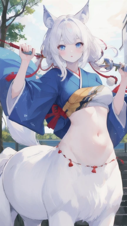 (best quality, masterpiece), 1 girl, centaur, It takes, White skin, Japanese  , exposing the abdomen,belly button t-shirt, beautiful girl perfect wolf photo, perfect wolf photo