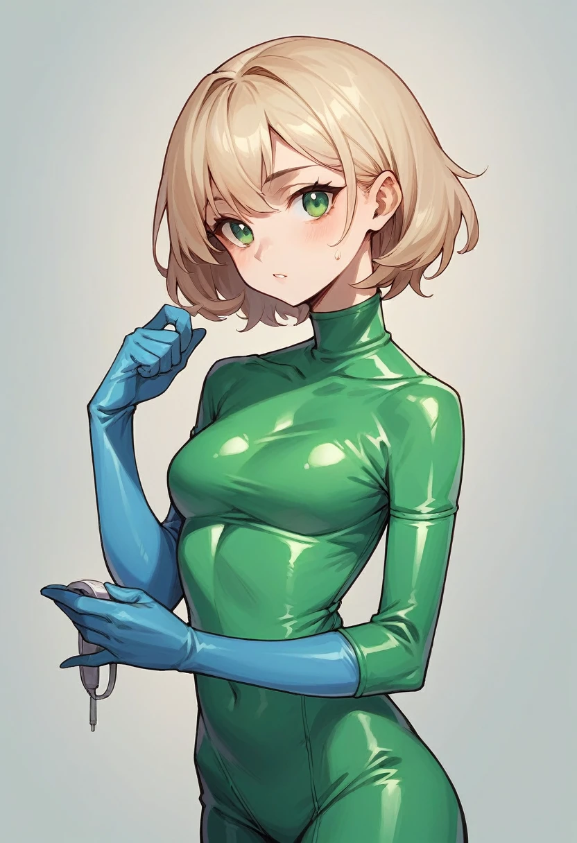 1girl, light hair, ((blue elbow gloves)), ((surgical gloves)), ((latex gloves)), ((long sleeves)) ((green surgeon outfit)), looking at viewer, ((long sleeve surgical outfit)), standing, solo