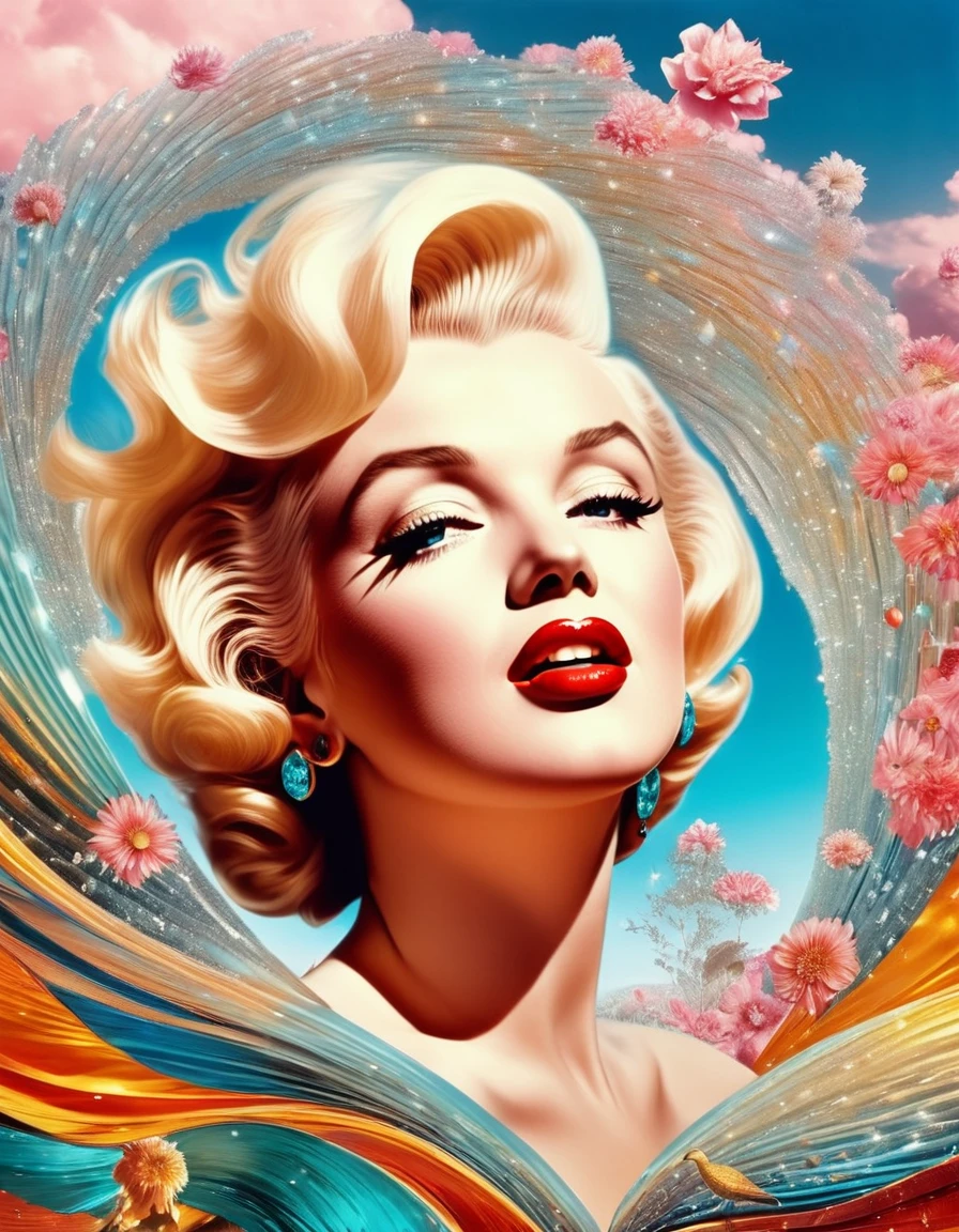 A surrealist photo of Marilyn Monroe, with dreamlike elements and imaginative, otherworldly details. Hyper-realistic photo, vibrant colors, 16k