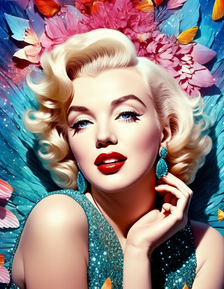 A surrealist photo of Marilyn Monroe, with dreamlike elements and imaginative, otherworldly details. Hyper-realistic photo, vibrant colors, 16k