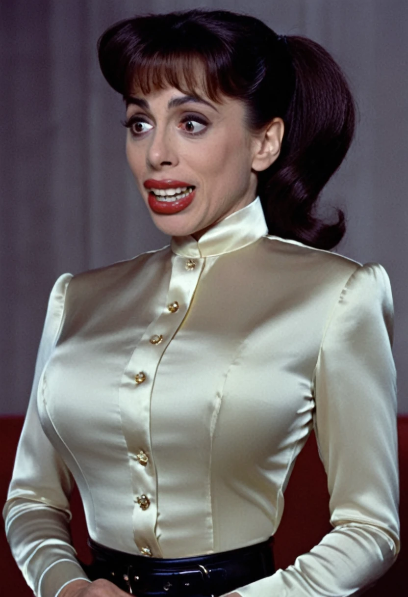 closeup shot in 1960, (muscular evil angry Cristin Milioti showing closed teeth with flared nostrils and furrowed brows:1.5) in a (closed satin skintight buttondown band collar blouse with large shoulder-pads and extremely tight belt:1.6), tight hairbun, silk gloves, (widened eyes), (muscular arms), subtle evil stare with flared nostrils, large shoulder-pads, (evil laugh), skintight satin pants defining her body, uptight, popped collar, stiff posture

