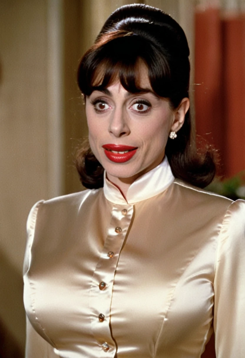 closeup shot in 1960, (muscular evil angry Cristin Milioti showing closed teeth with flared nostrils and furrowed brows:1.5) in a (closed satin skintight buttondown band collar blouse with large shoulder-pads and extremely tight belt:1.6), tight hairbun, silk gloves, (widened eyes), (muscular arms), subtle evil stare with flared nostrils, large shoulder-pads, (evil laugh), skintight satin pants defining her body, uptight, popped collar, stiff posture
