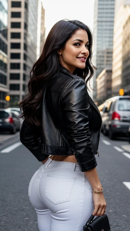 ,An ultra realistic and detailed scene of a 35 year old mature woman with a beautiful hyper detailed face, beautiful smiling, perfekt teeth, huge beautiful breasts, skin fair, dark brown eyes and abundant black hair, wearing bright light lipstick with abundant and huge hips, very large buttocks, with woman,,,,,,,,,,,,,,,,,in a modern urban environment. She is standing on a busy city avenue, surrounded by tall, bright buildings. She is wearing a black leather jacket over a white t-shirt., ripped jeans and black leather boots. The woman is in profile, looking off into distance, while the wind gently blows through your hair. In one hand she holds a cell phone and in the other, com um lindo