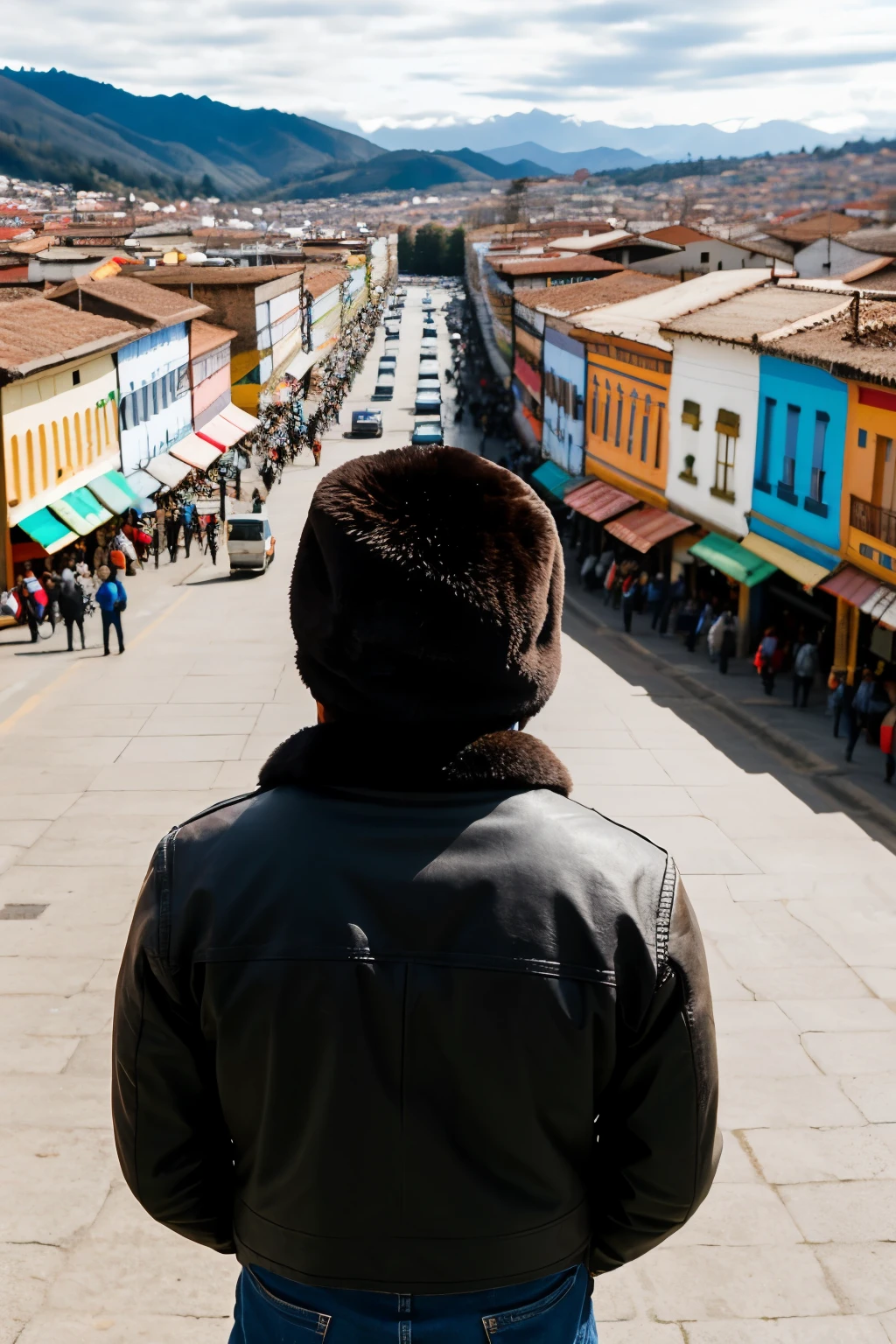 ((Best Quality)), (detailed), (realist) a man turning his back wearing an ushanka and in front the city of tunja, WITH PEOPLE IN A MARKET
