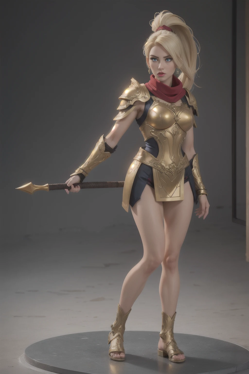 ((Full body photo, standing, feet on the ground)) full body shot, colorful and aesthetic, masterpiece, best quality, dynamic angle, ultra high res, highly detailed skin, intricate details, 30 year old woman in ornate ranger armor, looking thoughtful, Anita Briem, athletic body, large blue eyes, voluminous blonde hair,(long ponytail:1.1), red and gold accents, red scarf, large shoulder pads, (detailed:1.05), (extremely detailed:1.06), sharp focus, (intricate:1.03), (extremely intricate:1.04), (beautiful face:1.1), [perfect eyes:0.8], [perfect skin:0.8], [detailed face:0.8], [detailed eyes:0.8], [detailed hair:0.9], [detailed lips:0.8], ray trace, cinematic lighting, depth of field, 