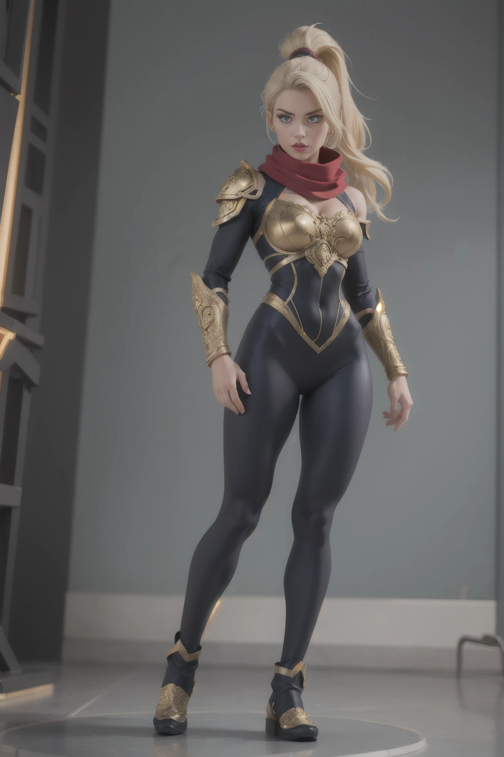 ((Full body photo, standing, feet on the ground)) full body shot, colorful and aesthetic, masterpiece, best quality, dynamic angle, ultra high res, highly detailed skin, intricate details, 30 year old woman in ornate ranger armor, looking thoughtful, Anita Briem, athletic body, large blue eyes, voluminous blonde hair,(long ponytail:1.1), red and gold accents, red scarf, large shoulder pads, (detailed:1.05), (extremely detailed:1.06), sharp focus, (intricate:1.03), (extremely intricate:1.04), (beautiful face:1.1), [perfect eyes:0.8], [perfect skin:0.8], [detailed face:0.8], [detailed eyes:0.8], [detailed hair:0.9], [detailed lips:0.8], ray trace, cinematic lighting, depth of field, 