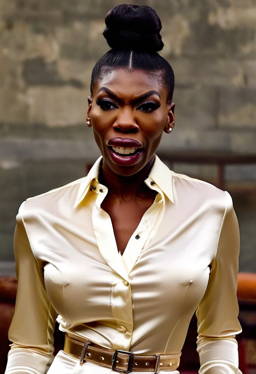 closeup shot from below, (muscular evil angry Michaela Coel in pain showing closed teeth with flared nostrils and furrowed brows:1.5) in a (closed satin skintight buttondown band collar blouse with extremely tight belt:1.6), tight hairbun, silk gloves, (widened eyes), (muscular arms), subtle evil stare with flared nostrils, (evil laugh), skintight satin pants defining her body, uptight, popped collar, stiff posture, closed mouth
