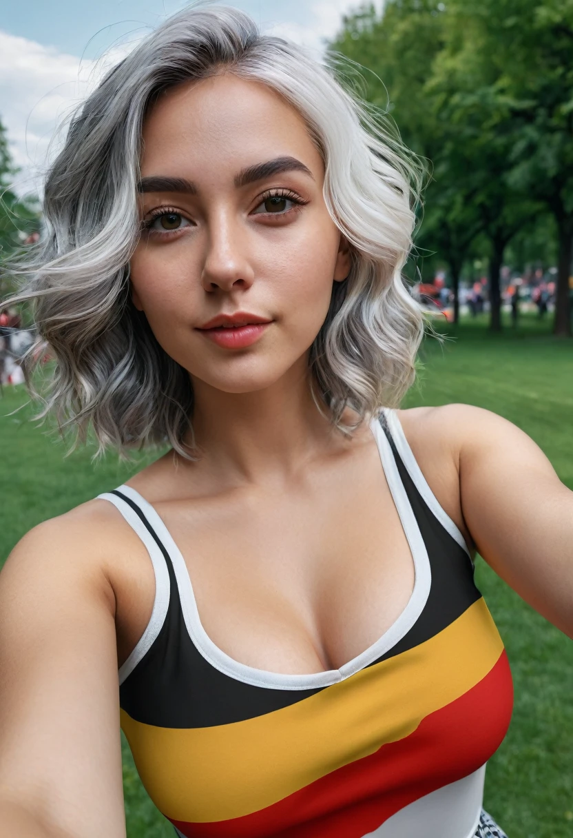 selfie-mode, Sierra, a young, athletic woman, midsize breasts, round booty, curvy hips, (shoulder-short, unusually_white_hair_with_grey_strands, full_hair, wavy_hair, messy_hair:1.3), (wearing bodycon dress in colors of the German flag black, red and yellow:), in a city park, taking selfie, natural skin, cinematic, colorful background, concept art, 8k, dramatic lighting, high detail, highly detailed, hyper realistic, intricate, intricate sharp details, octane render, smooth, studio lighting, trending on artstation