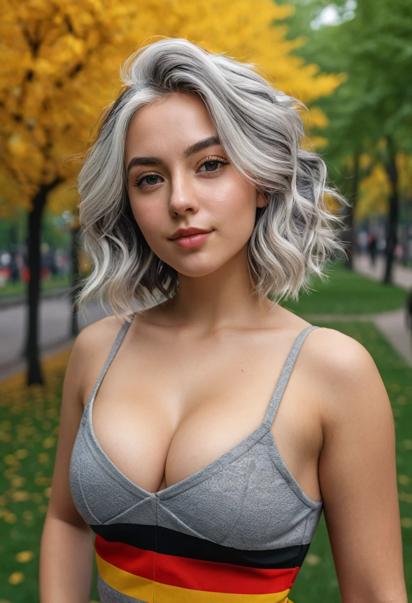 selfie-mode, Sierra, a young, athletic woman, midsize breasts, round booty, curvy hips, (shoulder-short, unusually_white_hair_with_grey_strands, full_hair, wavy_hair, messy_hair:1.3), (wearing bodycon dress in colors of the German flag black, red and yellow:), in a city park, taking selfie, natural skin, cinematic, colorful background, concept art, 8k, dramatic lighting, high detail, highly detailed, hyper realistic, intricate, intricate sharp details, octane render, smooth, studio lighting, trending on artstation