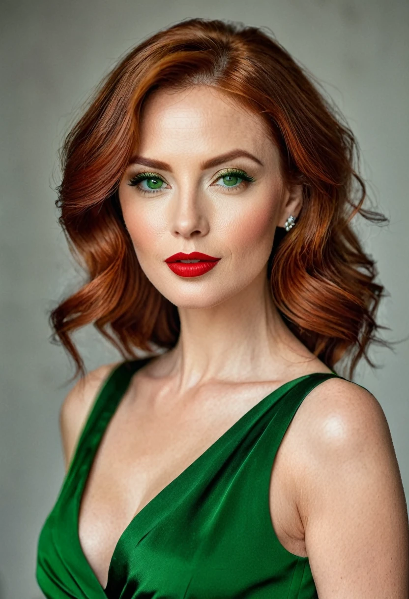woman, beautiful, 30 years old, perfect face and features, seductive, very sexy look, defined body, in chic dress, redhead, green eyes, red lipstick