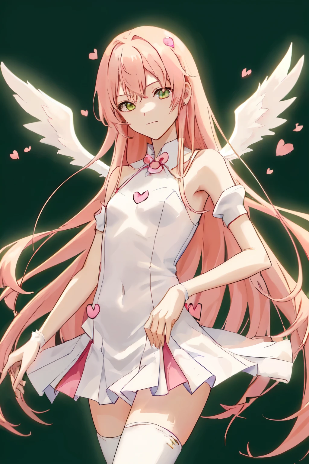1_girl, (anime, kawai:2), (masterpeice, best_quality, clean:1.5), (sky_background:1.2), (cute, cute_smile, young:1.5), (delicate, extremely_delicate, beautiful, thin:1.5), (girlfriend, angel:1.8), (green_eyes, simple_eyes:1.8) (long_hair, blond_hair, wearing_pink_dress, pink_angel_wings, sexy_gloves:1.5), extremely_delicate, (love_magic:1.5), (age_size_fits_body), (small_thighs:1.3), (breasts), (eye_level:1.3), (heart_magic, love:1.5), (folded_legs:1.5), (combat:1.5)