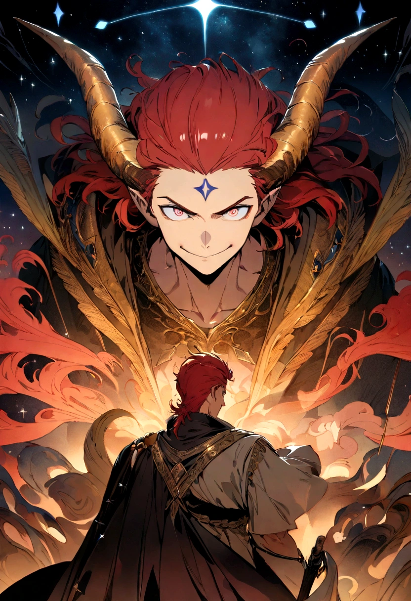 red hair, messy hair, hair slicked back, horns, forehead mark, wide eyes, gradient_eyes, ringed eyes, evil smile, expressions, smirk, Surrealism, anime, image fill, 8k, super detail, UHD, retina, masterpiece, accurate, anatomically correct, textured skin, super detail, high details, high quality, award winning, best quality, highres、"Create an image of a boy symbolizing Sagittarius. He should have a bow and arrow, representing the archer. He could be wearing a tunic and have a quiver of arrows on his back. The background should feature elements of the night sky, possibly with the constellation of Sagittarius visible. The boy should look adventurous and confident, with a hint of mystical or celestial elements."