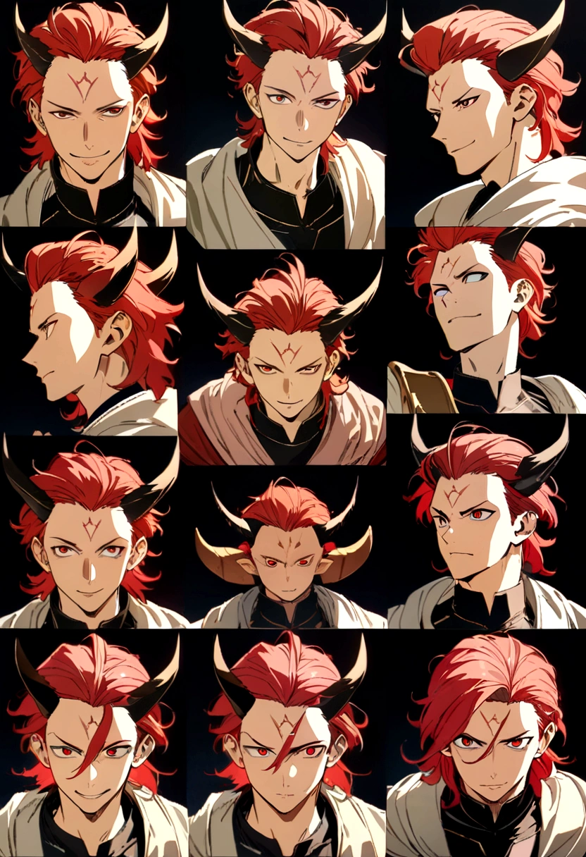 red hair, messy hair, hair slicked back, horns, forehead mark, wide eyes, gradient_eyes, ringed eyes, evil smile, expressions, smirk, Surrealism, anime, image fill, 8k, super detail, UHD, retina, masterpiece, accurate, anatomically correct, textured skin, super detail, high details, high quality, award winning, best quality, highres、"Create an image of a boy symbolizing Sagittarius. He should have a bow and arrow, representing the archer. He could be wearing a tunic and have a quiver of arrows on his back. The background should feature elements of the night sky, possibly with the constellation of Sagittarius visible. The boy should look adventurous and confident, with a hint of mystical or celestial elements."
