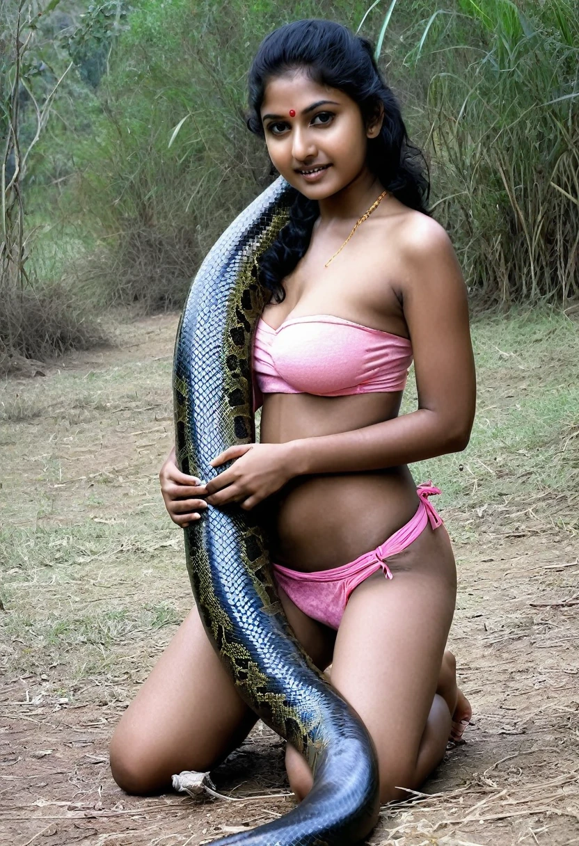 Topless Pink thong   Happy Horny, aroused 1girl), beautiful kneeling Indian   girl with  giant colossal black anaconda squeezing her hard, wrapped in thick spiraling coils, constricted, struggle, gasping for air, snake attack, snake peril,